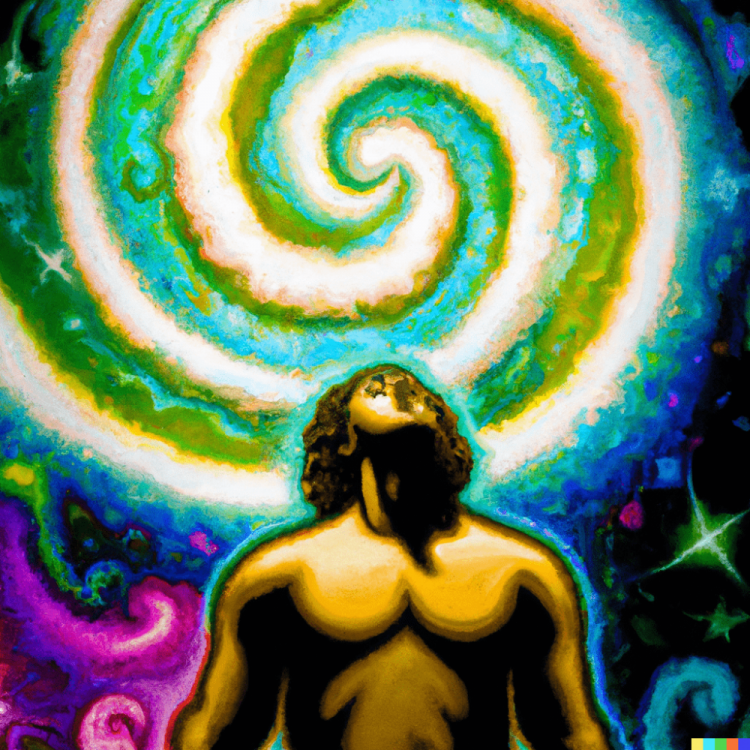 DALL·E 2022-09-14 21.52.44 - An expressive painting of a man discovering God's infinite consciousness and love on a colorful fractal background-min.png