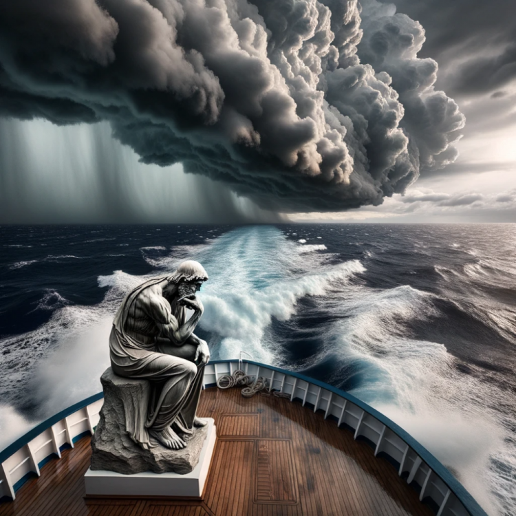 DALL·E 2023-10-14 15.05.25 - Photo of a boat navigating from a turbulent storm with dark clouds and rough waves to a calm, serene sea. On the deck of the boat stands a large statu.png