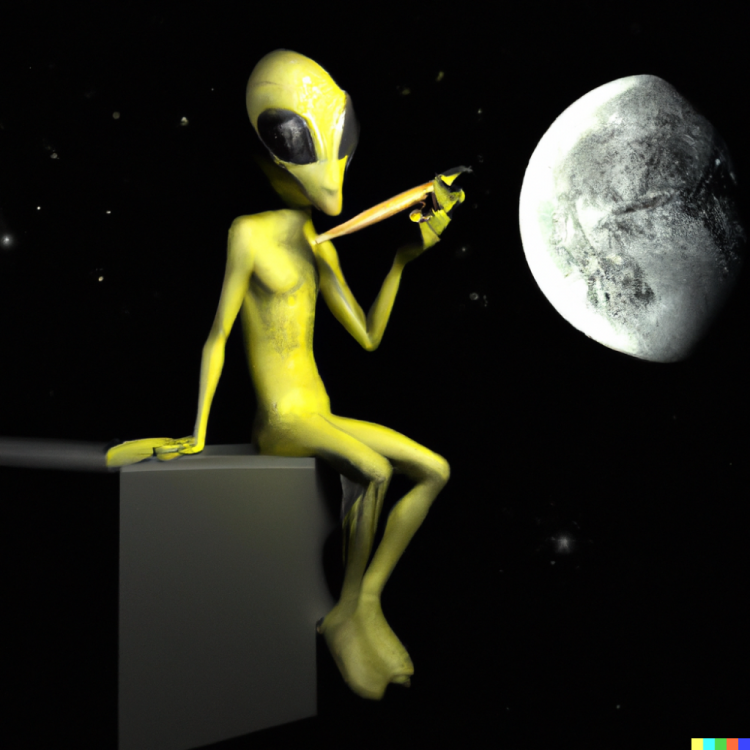 DALL·E 2023-10-26 21.46.17 - A 3D image of an Alien, sitting on a crescent moon in space, smoking a big fat blunt.png