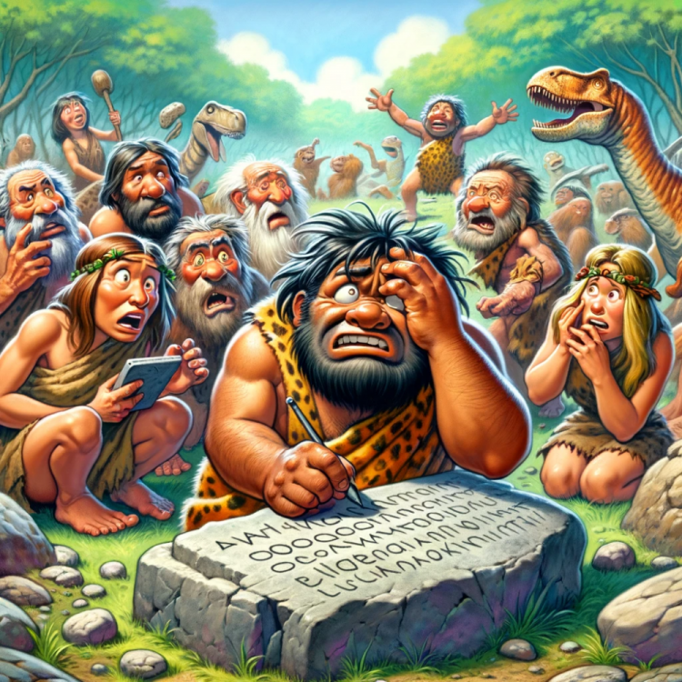 DALL·E 2023-12-25 19.54.08 - A comical depiction of the invention of language in a prehistoric setting. In the center, a group of confused cavemen and cavewomen of diverse descent.png