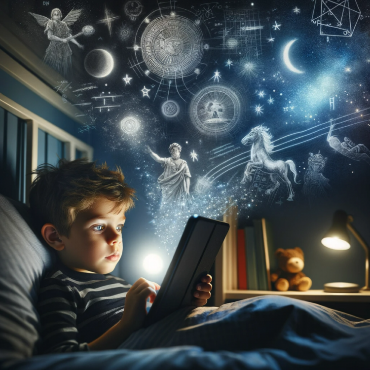 DALL·E 2023-12-29 01.02.25 - A young boy named Lucas, lying in bed late at night, engrossed in his tablet. The screen of the tablet glows, revealing images of ancient Greek myths,.png