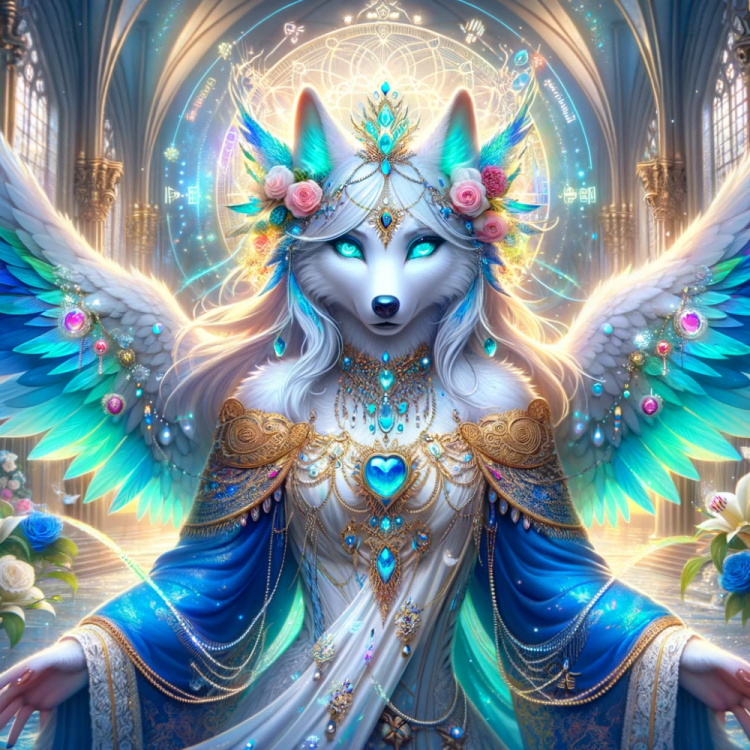 DALL·E 2023-12-31 08.15.01 - Fantasy 3D style art showcasing the White Divine Mother Wolf, now with an added shine and sparkle that accentuates her divine presence. Her turquoise .png