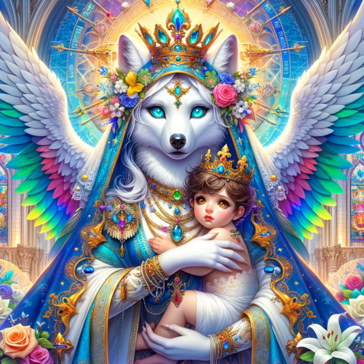 DALL·E 2023-12-26 08.35.04 - Fantasy 3D style art depicting a feminine White Divine Mother Wolf with turquoise eyes and radiant rainbow angelic wings. She is adorned with a royal .png