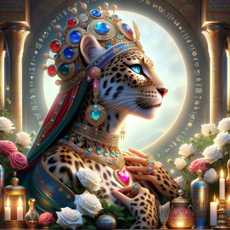 DALL·E 2023-12-18 17.34.29 - A regal portrayal of Mary Magdalene as a leopard priestess with blue eyes, profile view, set inside a resplendent Egyptian palace. The scene is enrich.png
