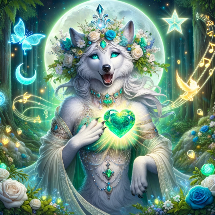 DALL·E 2023-12-20 15.15.11 - A mystical, divine mother wolf with pristine white fur, turquoise eyes, and a very feminine face, depicted as singing with one paw on her heart. Above.png