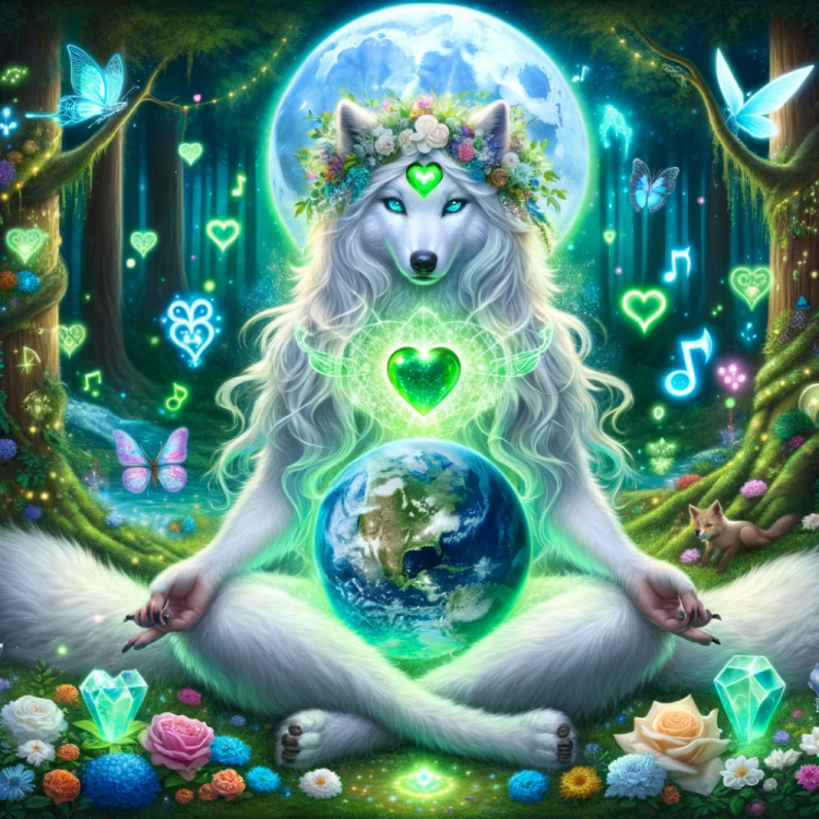 DALL·E 2023-12-20 15.27.08 - A mystical, divine mother wolf with pristine white fur and turquoise eyes, displaying a very feminine face, sitting cross-legged. She cradles a large .png