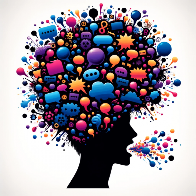 DALL·E 2024-01-28 00.06.39 - A silhouette profile of a person's head, filled with chaotic, colorful speech bubbles of various sizes and shapes, representing unfiltered thoughts an.png