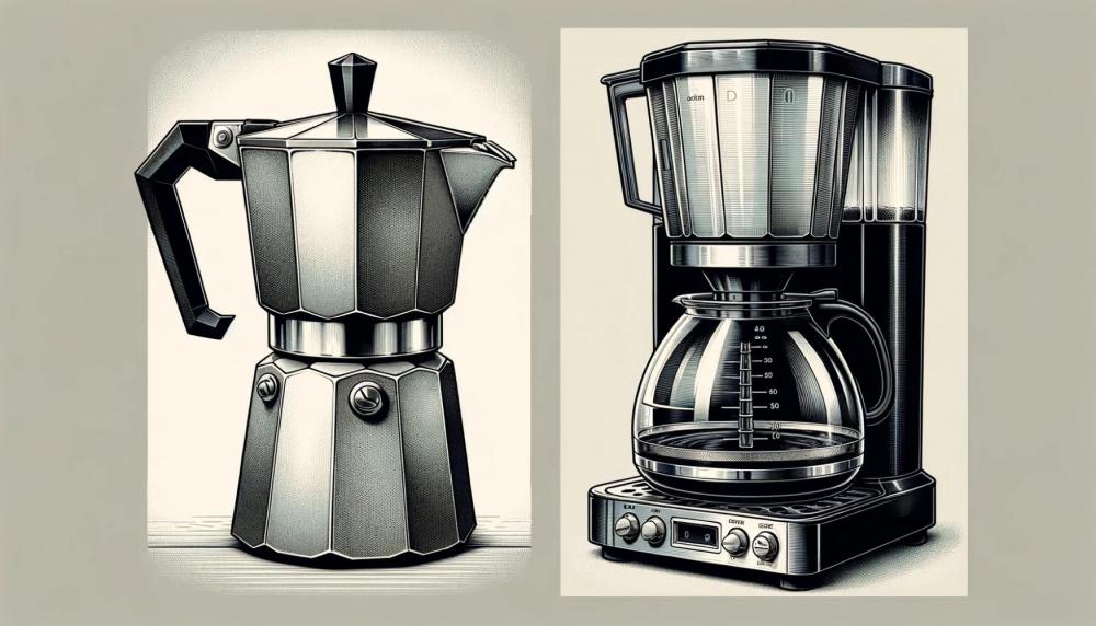DALL·E 2024-03-19 16.38.10 - Create a detailed illustration showing two types of coffee makers side by side. On the left, depict a traditional Italian moka pot, made of stainless .jpeg
