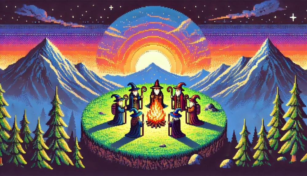 DALLE2025-03-1309.19.18-Amedievalpixelartcartoonlandscapefeaturingacircularhillinthecenterwherefivewizardsstandaroundacampfireatsunset.Thehillisdisti.jpg