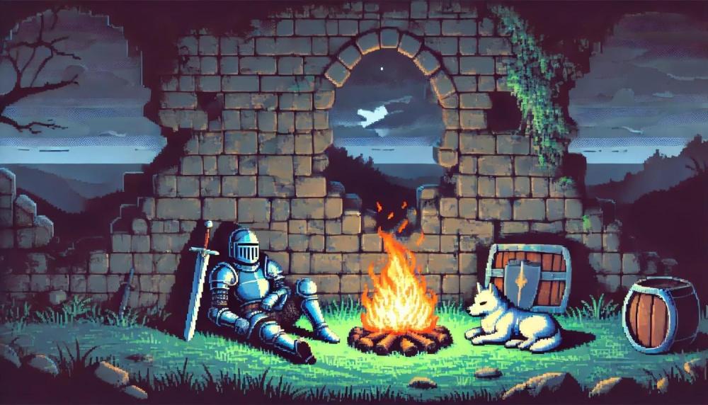 DALLE2025-03-1309.44.39-Adarkercartoon-stylemedievalpixelartsceneinlandscapeformat.Awarriorinarmorrestsnearacampfireinsidearooflesscastleruinatnight.jpg