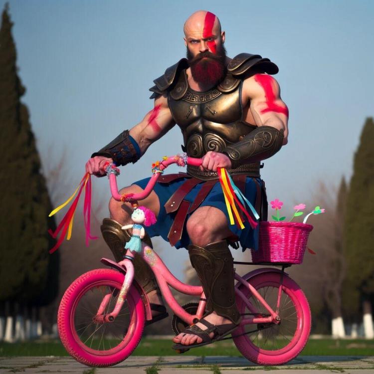DALL·E 2023-12-29 14.41.35 - A muscular, bald, bearded man with red markings on his face and body, wearing ancient Greek armor, is riding a small, pink girl's bicycle. The bicycle.jpg